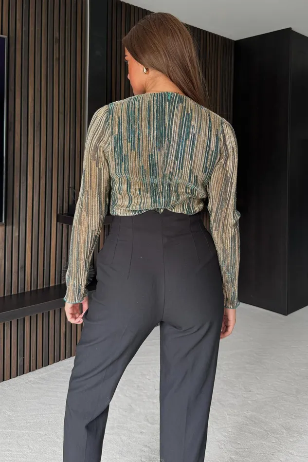 Girl In Mind Tops and Bodysuits Eva Metalic Plisse Wrap Front Bodysuit 8211 Women