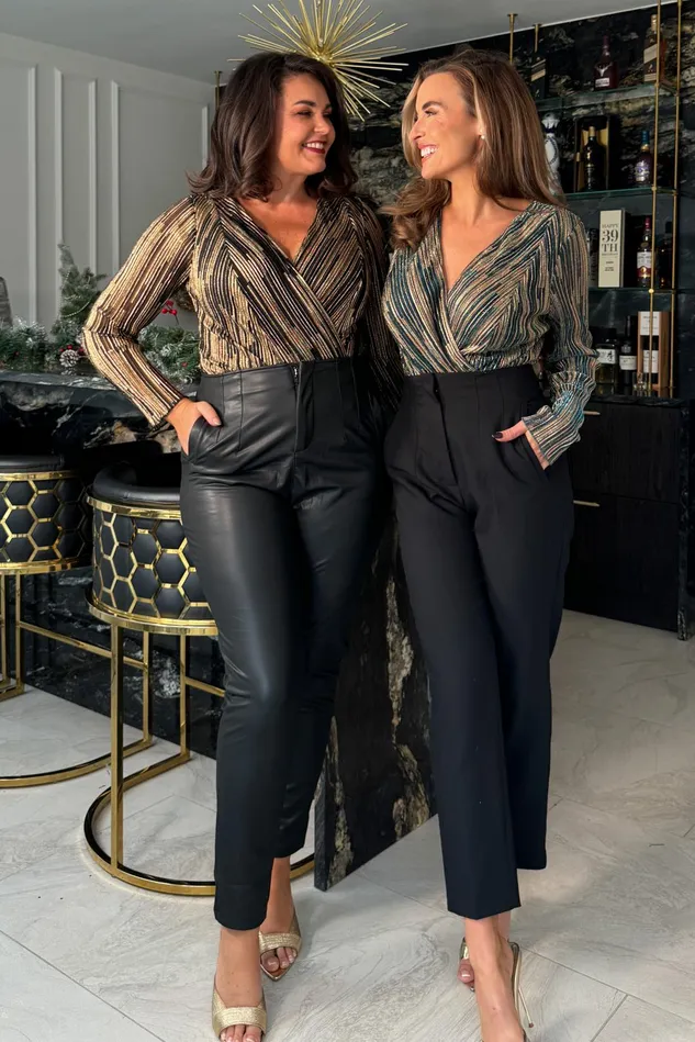 Girl In Mind Tops and Bodysuits Eva Metalic Plisse Wrap Front Bodysuit 8211 Women