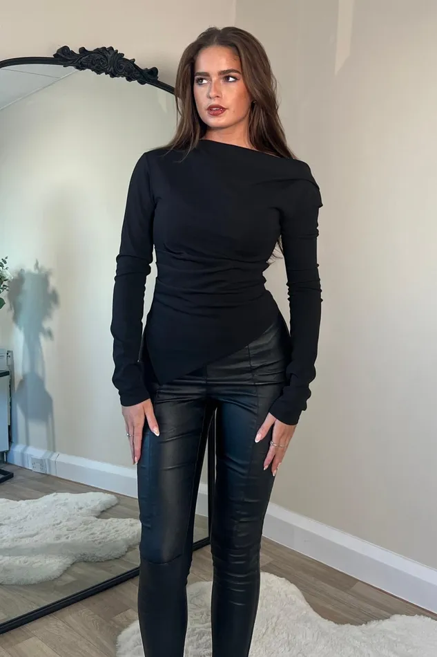 Girl In Mind Tops and Bodysuits Lowen Asymmetric Neckline Long Sleeve Top Black 8211 Women