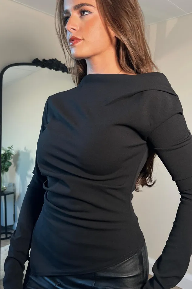 Girl In Mind Tops and Bodysuits Lowen Asymmetric Neckline Long Sleeve Top Black 8211 Women