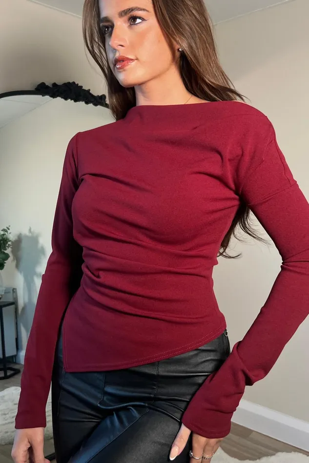 Girl In Mind Tops and Bodysuits Lowen Asymmetric Neckline Long Sleeve Top Wine 8211 Women