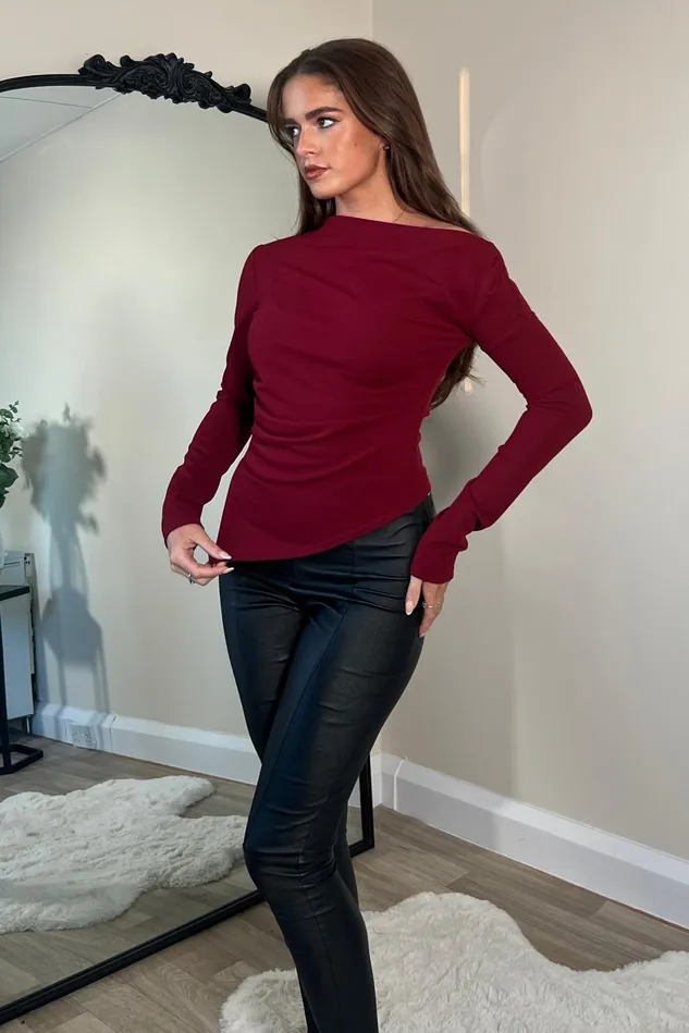 Girl In Mind Tops and Bodysuits Lowen Asymmetric Neckline Long Sleeve Top Wine 8211 Women