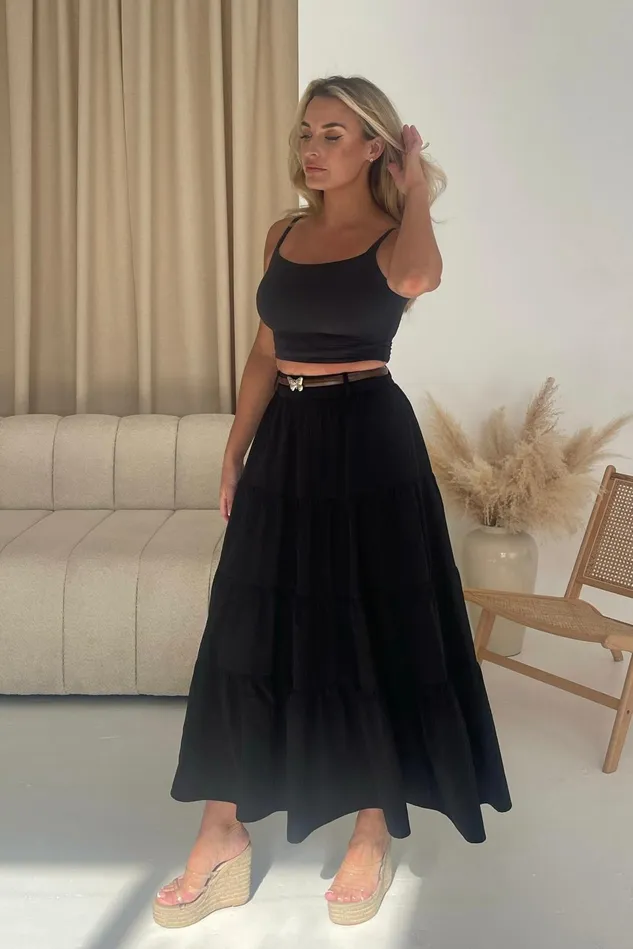 Girl In Mind Trousers and Skirts Catlin Black Tiered Butterfly Belt Maxi Skirt 8211 Women