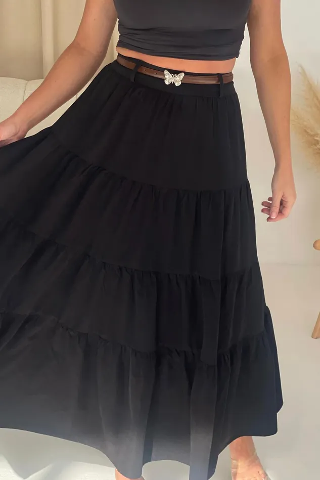 Girl In Mind Trousers and Skirts Catlin Black Tiered Butterfly Belt Maxi Skirt 8211 Women