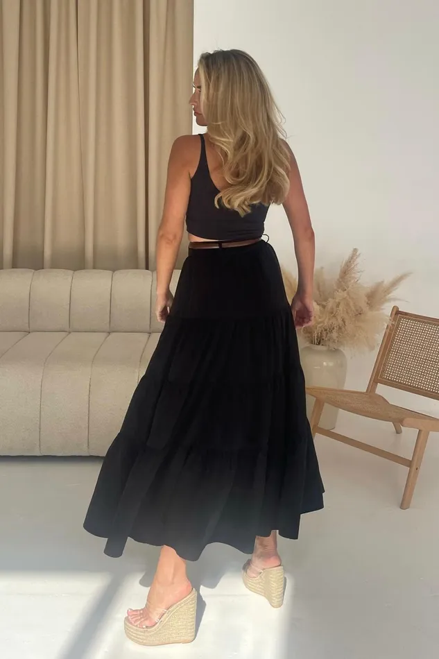 Girl In Mind Trousers and Skirts Catlin Black Tiered Butterfly Belt Maxi Skirt 8211 Women