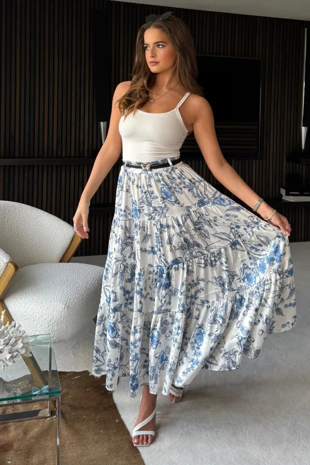 Girl In Mind Trousers and Skirts Catlin Blue Print Tiered Butterfly Belt Maxi Skirt 8211 Women Girl In Mind Trousers and Skirts Catlin Blue Print Tiered Butterfly Belt Maxi Skirt 8211 Women