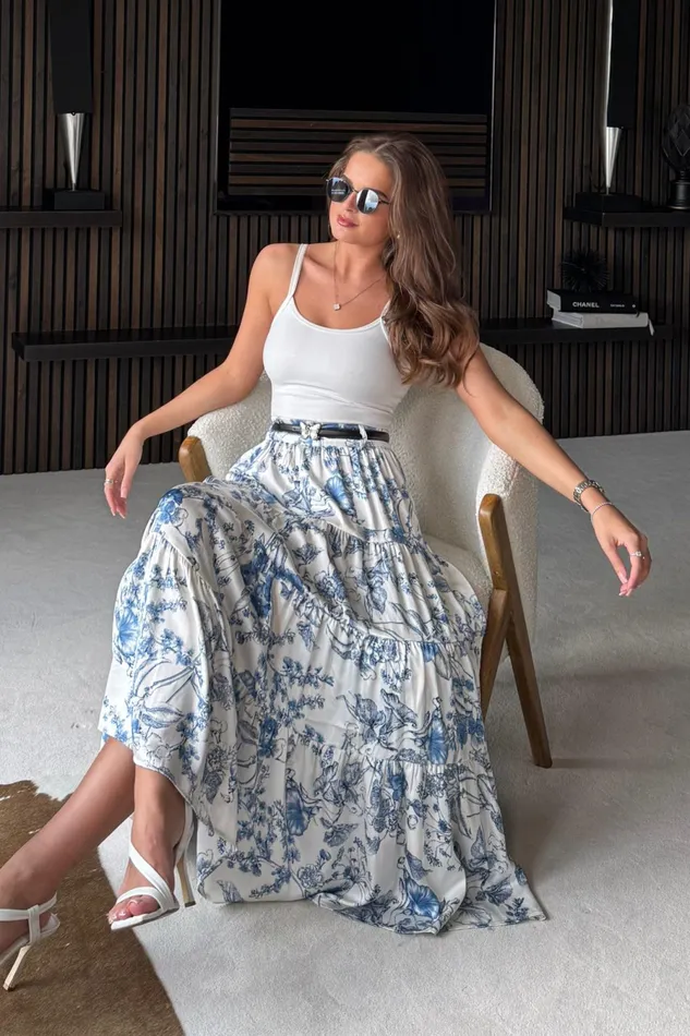 Girl In Mind Trousers and Skirts Catlin Blue Print Tiered Butterfly Belt Maxi Skirt 8211 Women
