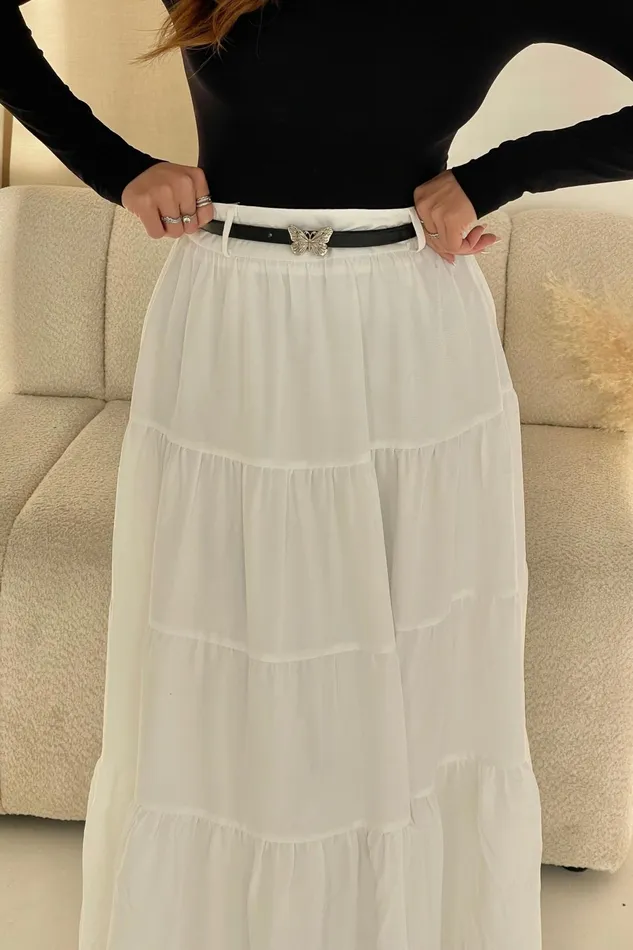 Girl In Mind Trousers and Skirts Catlin White Tiered Butterfly Belt Maxi Skirt 8211 Women