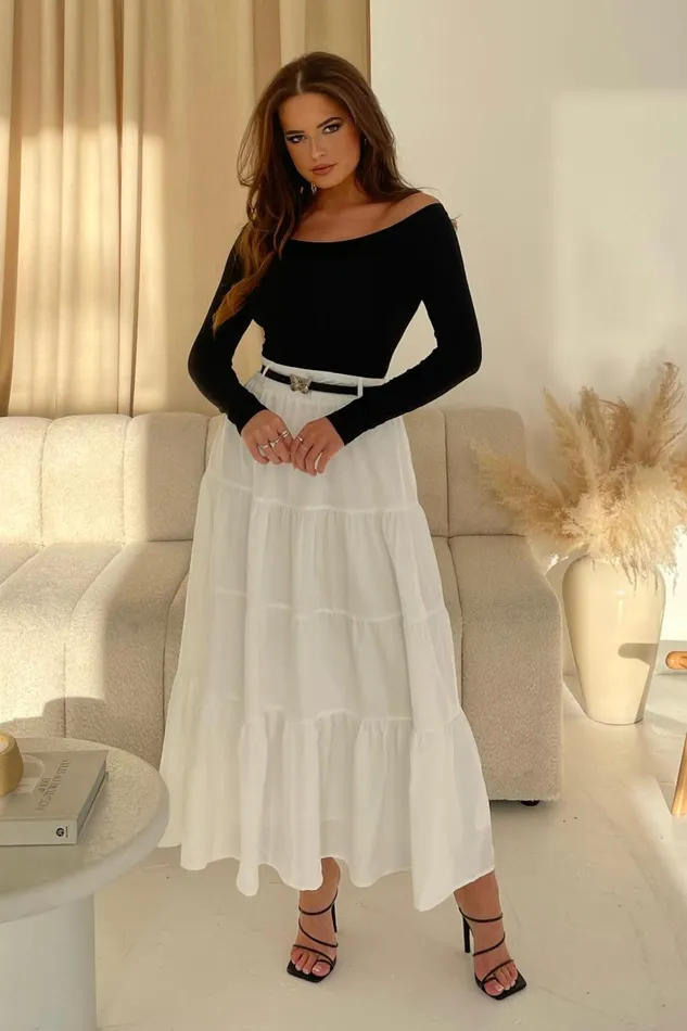 Girl In Mind Trousers and Skirts Catlin White Tiered Butterfly Belt Maxi Skirt 8211 Women