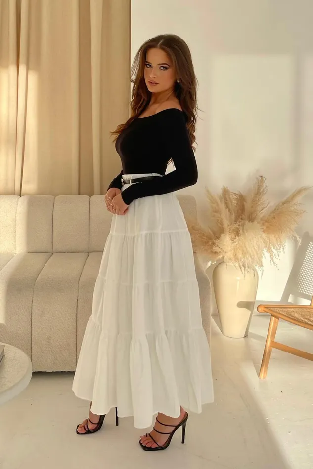 Girl In Mind Trousers and Skirts Catlin White Tiered Butterfly Belt Maxi Skirt 8211 Women