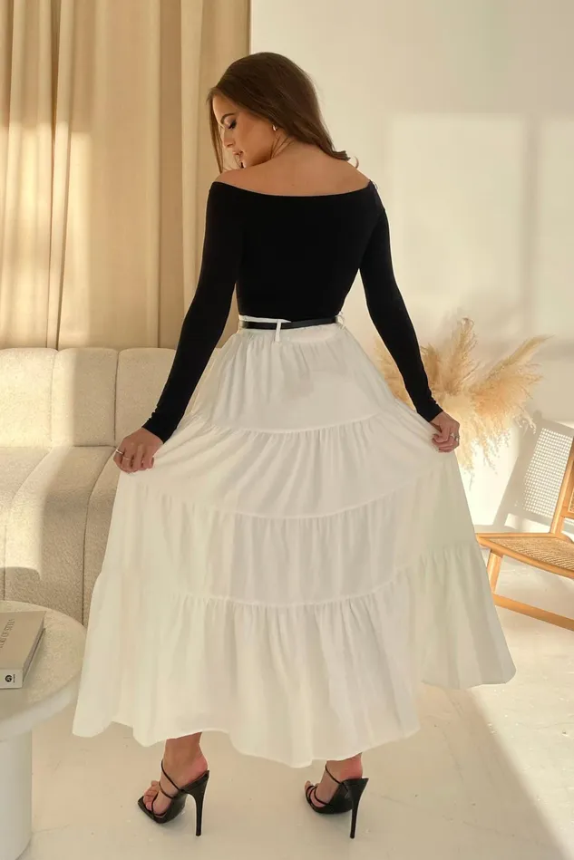 Girl In Mind Trousers and Skirts Catlin White Tiered Butterfly Belt Maxi Skirt 8211 Women