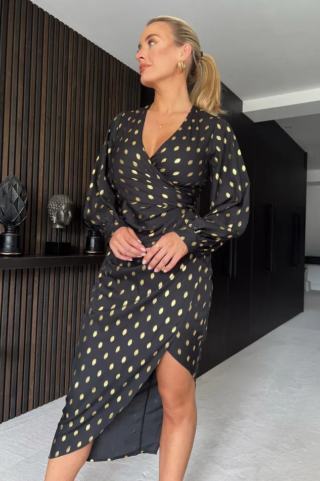 Girl In Mind Wrap Dresses Elsa Black and Gold Long Sleeve Wrap Asymmetric Dress 8211 Women