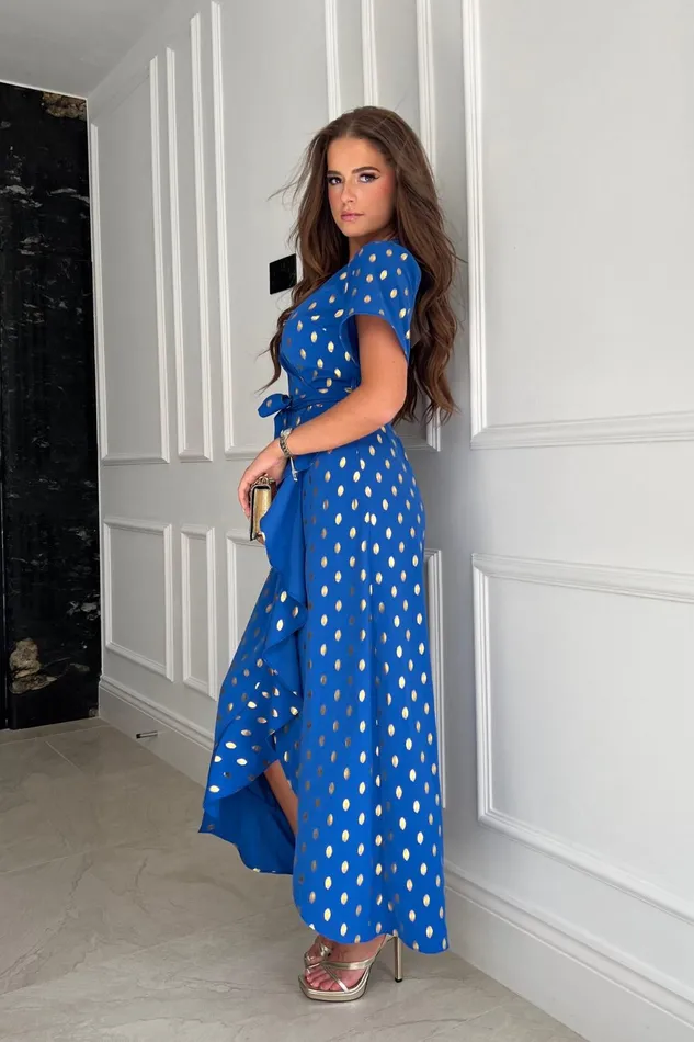 Girl In Mind Wrap Dresses Farrah Blue Gold Foil Split Hem Frill Detail Maxi Dress 8211 Women