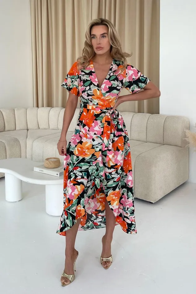 Girl In Mind Wrap Dresses Farrah Orange Floral Split Hem Frill Detail Maxi Dress 8211 Women Girl In Mind Wrap Dresses Farrah Orange Floral Split Hem Frill Detail Maxi Dress 8211 Women