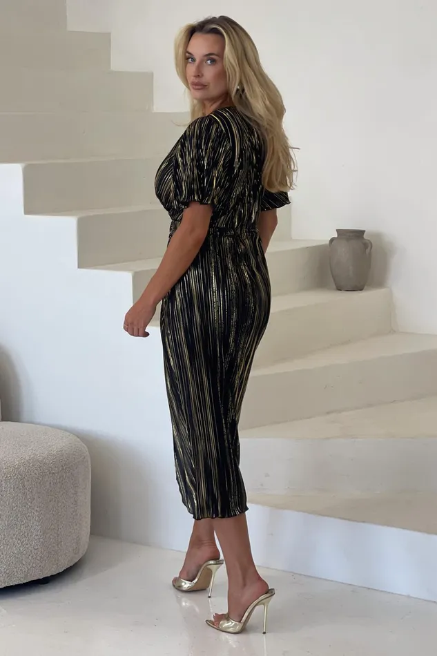 Girl In Mind Wrap Dresses Isla Black And Gold Plisse Wrap Front Midi Dress 8211 Women