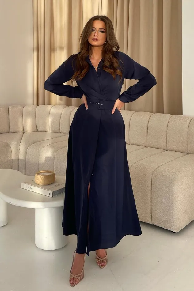 Girl In Mind Wrap Dresses Kira Wrap Detail Navy Maxi Shirt Dress 8211 Women