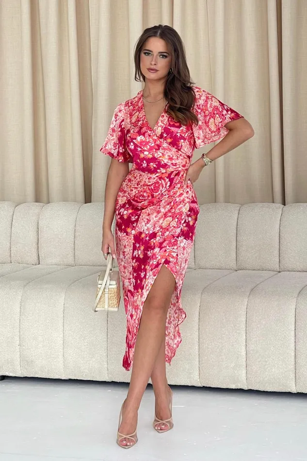 Girl In Mind Wrap Dresses Natasha Blush Floral Angel Sleeve Wrap Midi Dress 8211 Women Girl In Mind Wrap Dresses Natasha Blush Floral Angel Sleeve Wrap Midi Dress 8211 Women