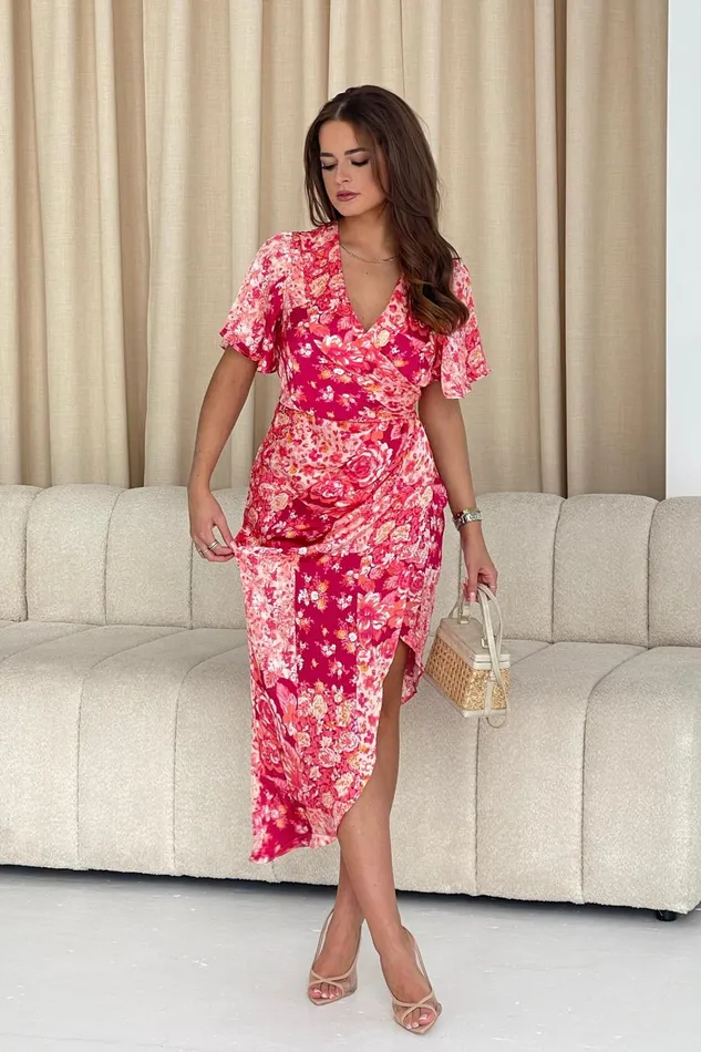 Girl In Mind Wrap Dresses Natasha Blush Floral Angel Sleeve Wrap Midi Dress 8211 Women