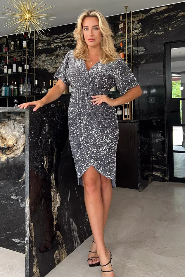 Girl In Mind Wrap Dresses Novah Silver Velvet Sequin Wrap Detailing Midi Dress 8211 Women Girl In Mind Wrap Dresses Novah Silver Velvet Sequin Wrap Detailing Midi Dress 8211 Women