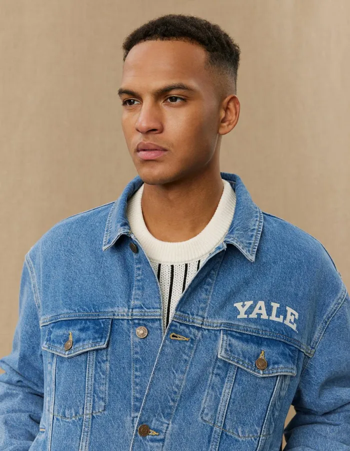 JacketsCoats Men Les Deux Rally Yale Bulldog Denim Jacket 8211 Medium Indigo Wash