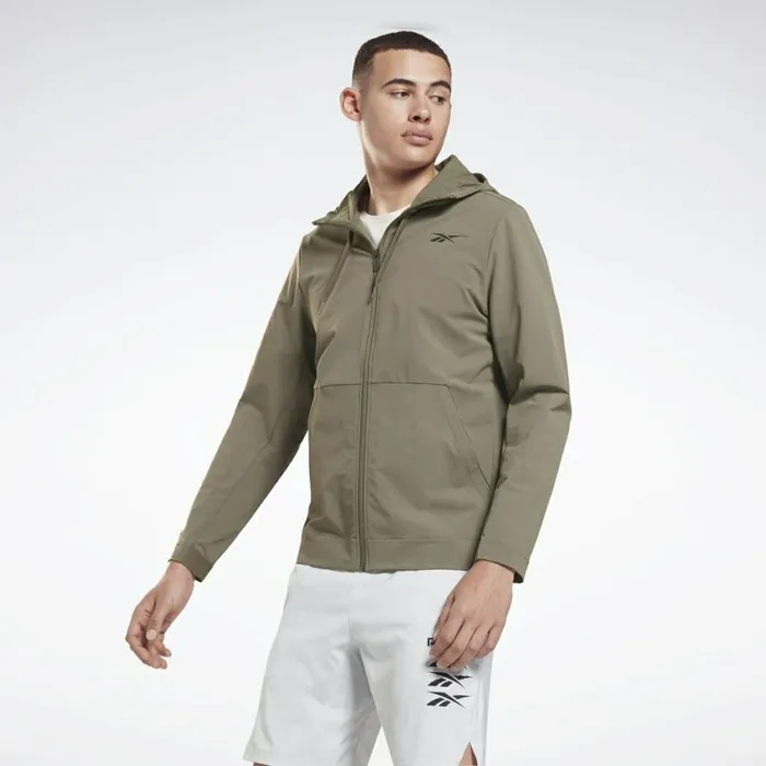 Jackets Mens Reebok Performance Woven ZipUp Hoodie Army Green