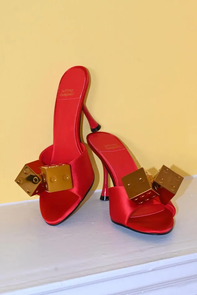 Jeffrey Campbell DICE Red Satin Gold Women Heel