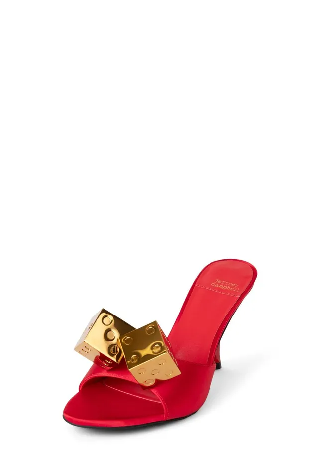 Jeffrey Campbell DICE Red Satin Gold Women Heel