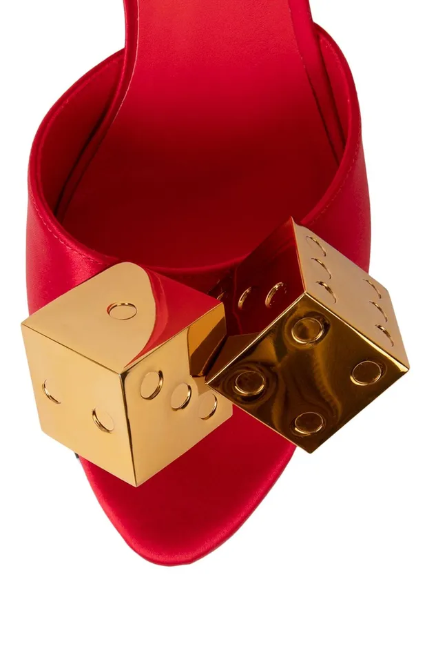 Jeffrey Campbell DICE Red Satin Gold Women Heel