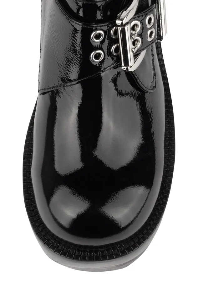 Jeffrey Campbell FAIL Black Crinkle Patent Women Boot