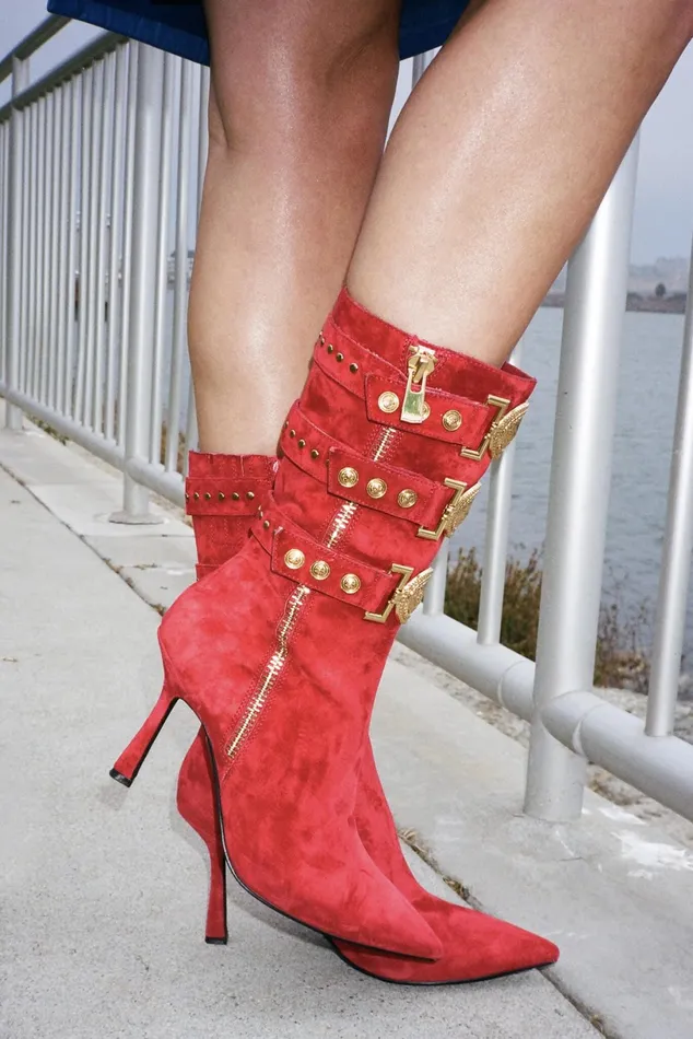 Jeffrey Campbell PROUD Red Suede Gold Women Ankle To Mid