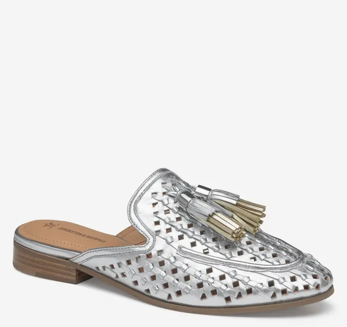 JohnstonandMurphy Mules and Loafers Ali Woven Tassel Mule Silver Metallic Sheepskin 8211 Women