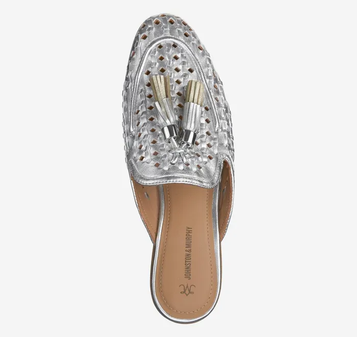 JohnstonandMurphy Mules and Loafers Ali Woven Tassel Mule Silver Metallic Sheepskin 8211 Women JohnstonandMurphy Mules and Loafers Ali Woven Tassel Mule Silver Metallic Sheepskin 8211 Women