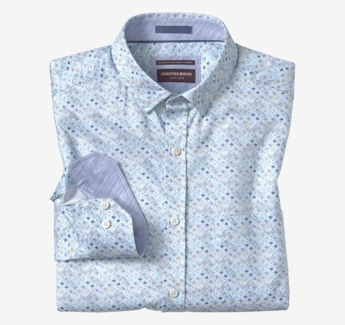 JohnstonandMurphy Shirts Printed Cotton Shirt Aqua Watercolor Diamond 8211 Men