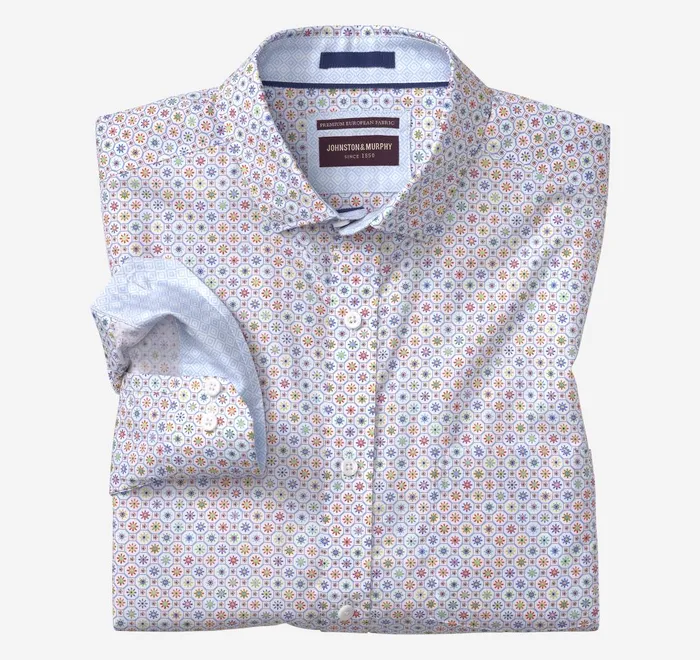 JohnstonandMurphy Shirts Printed Cotton Shirt White Multi Flower Tile 8211 Men JohnstonandMurphy Shirts Printed Cotton Shirt White Multi Flower Tile 8211 Men