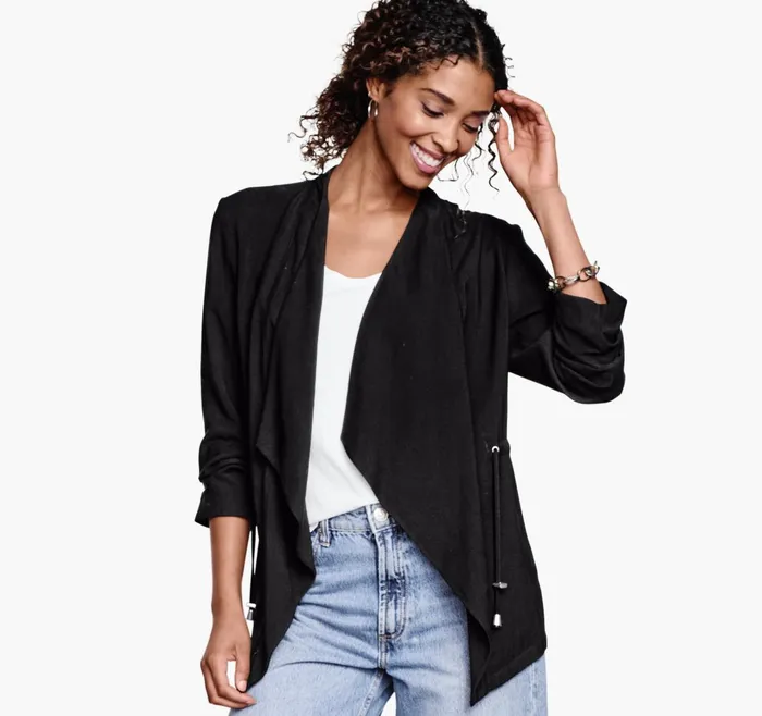 JohnstonandMurphy Shirts Sweaters and Blazers Draped OpenFront Blazer Black 8211 Women JohnstonandMurphy Shirts Sweaters and Blazers Draped OpenFront Blazer Black 8211 Women