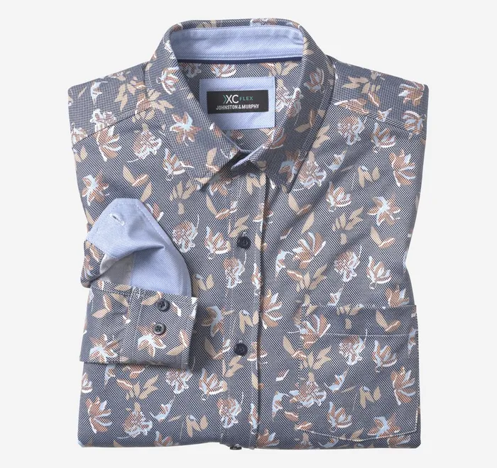 JohnstonandMurphy Shirts Xc Flex Stretch LongSleeve Shirt Navy Birdseye Floral 8211 Men JohnstonandMurphy Shirts Xc Flex Stretch LongSleeve Shirt Navy Birdseye Floral 8211 Men