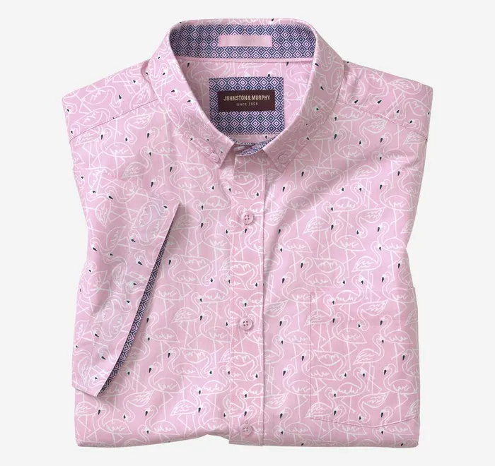 JohnstonandMurphy ShortSleeve Shirts Printed Cotton ShortSleeve Shirt Pink Flamingo 8211 Men JohnstonandMurphy ShortSleeve Shirts Printed Cotton ShortSleeve Shirt Pink Flamingo 8211 Men