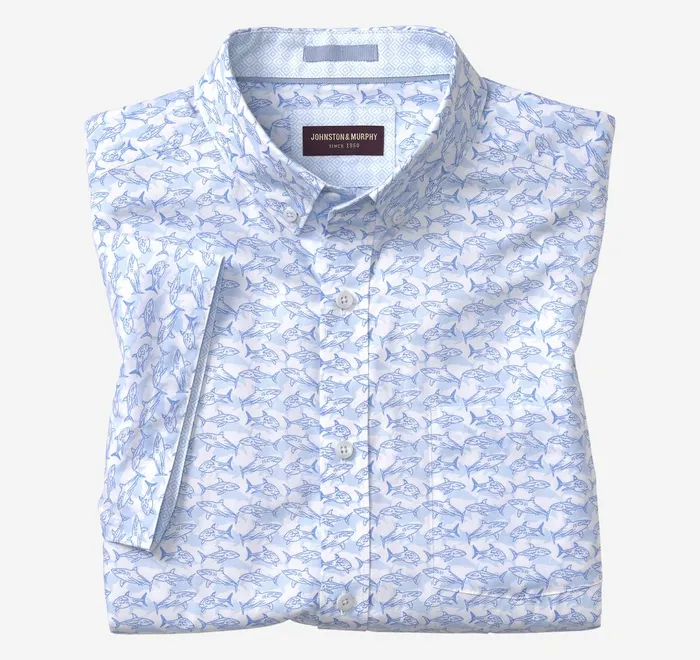 JohnstonandMurphy ShortSleeve Shirts Printed Cotton ShortSleeve Shirt Whiteblue Shadow Shark 8211 Men JohnstonandMurphy ShortSleeve Shirts Printed Cotton ShortSleeve Shirt Whiteblue Shadow Shark 8211 Men