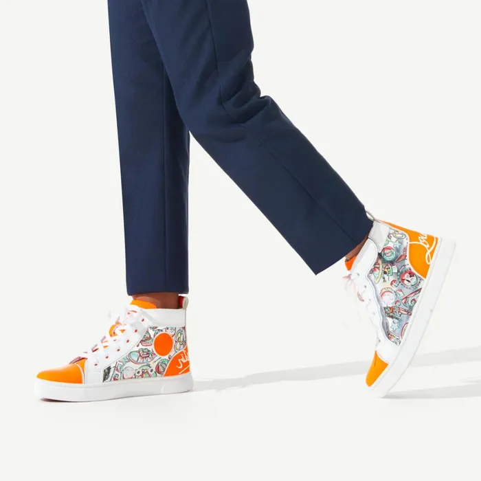 Kids Funnytopi Hightop Sneakers 8211 Fluo Calf Leather And Leather Spacy Loubi Print 8211 Orange Orange Christian Louboutin Sneakers