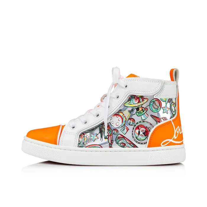 Kids Funnytopi Hightop Sneakers 8211 Fluo Calf Leather And Leather Spacy Loubi Print 8211 Orange Orange Christian Louboutin Sneakers