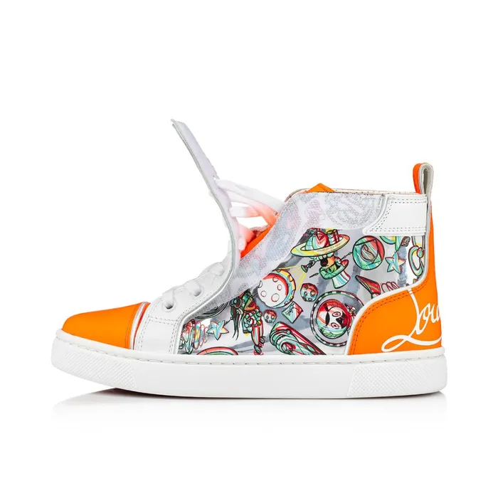 Kids Funnytopi Hightop Sneakers 8211 Fluo Calf Leather And Leather Spacy Loubi Print 8211 Orange Orange Christian Louboutin Sneakers