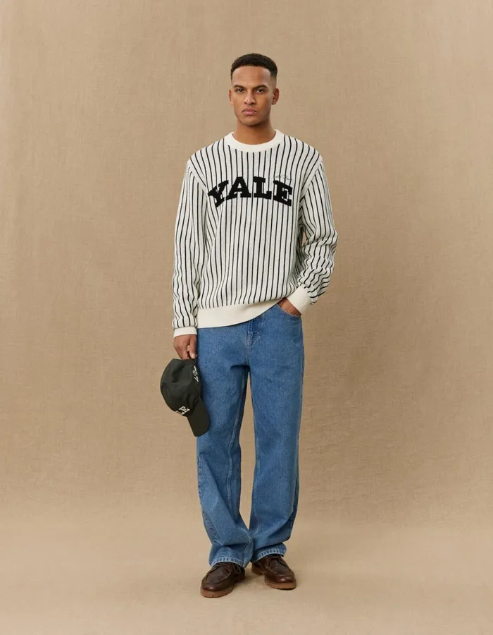 Knitwear Men Les Deux Yale Pinstripe Round Neck Knit 8211 IvoryBlack