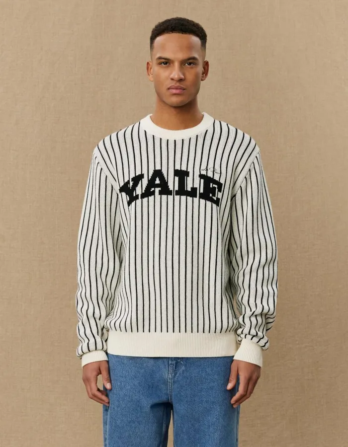 Knitwear Men Les Deux Yale Pinstripe Round Neck Knit 8211 IvoryBlack