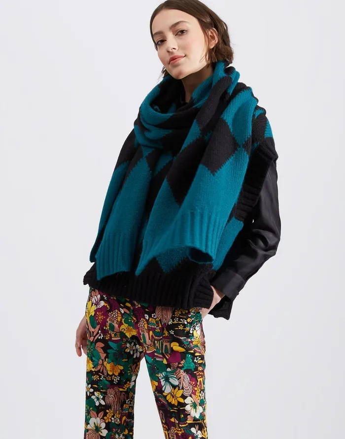 La Doublej Argyle Scarf Green Black In Wool Women Foulards and Scarves
