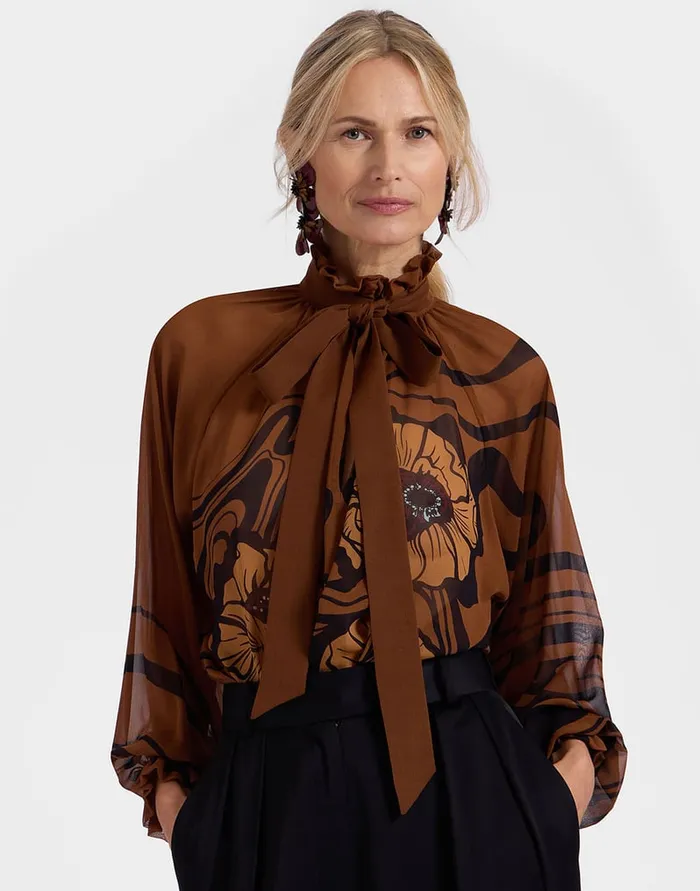 La Doublej Cerere Blouse Big Blooms Place Brown In Silk Chiffon Women Shirts and Tops La Doublej Cerere Blouse Big Blooms Place Brown In Silk Chiffon Women Shirts and Tops