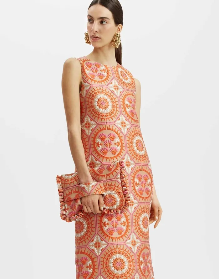 La Doublej Column Dress Sun Orange In Jacquard With Feathers Women Party Dressing La Doublej Column Dress Sun Orange In Jacquard With Feathers Women Party Dressing