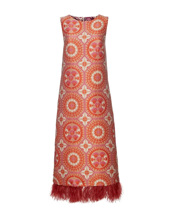 La Doublej Column Dress Sun Orange In Jacquard With Feathers Women Party Dressing