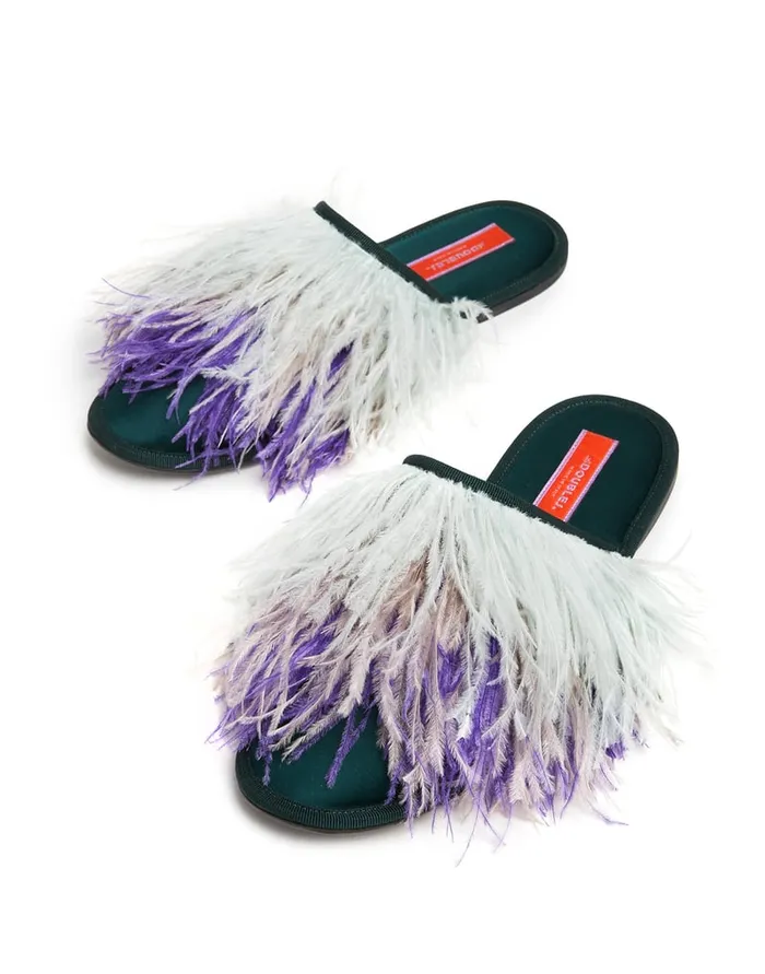 La Doublej Feather Slippers Solid Green In Raso Women Shoes