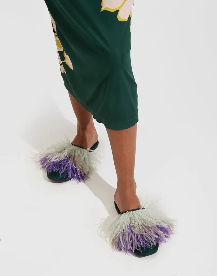 La Doublej Feather Slippers Solid Green In Raso Women Shoes