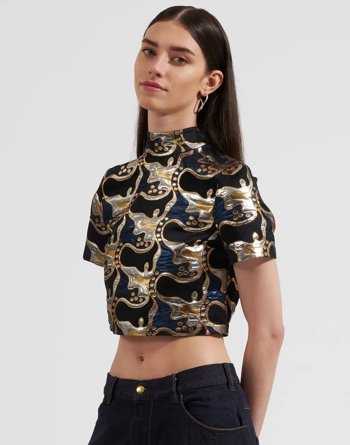 La Doublej Juliet Crop Top Spritz Blu In Jacquard Women Shirts and Tops